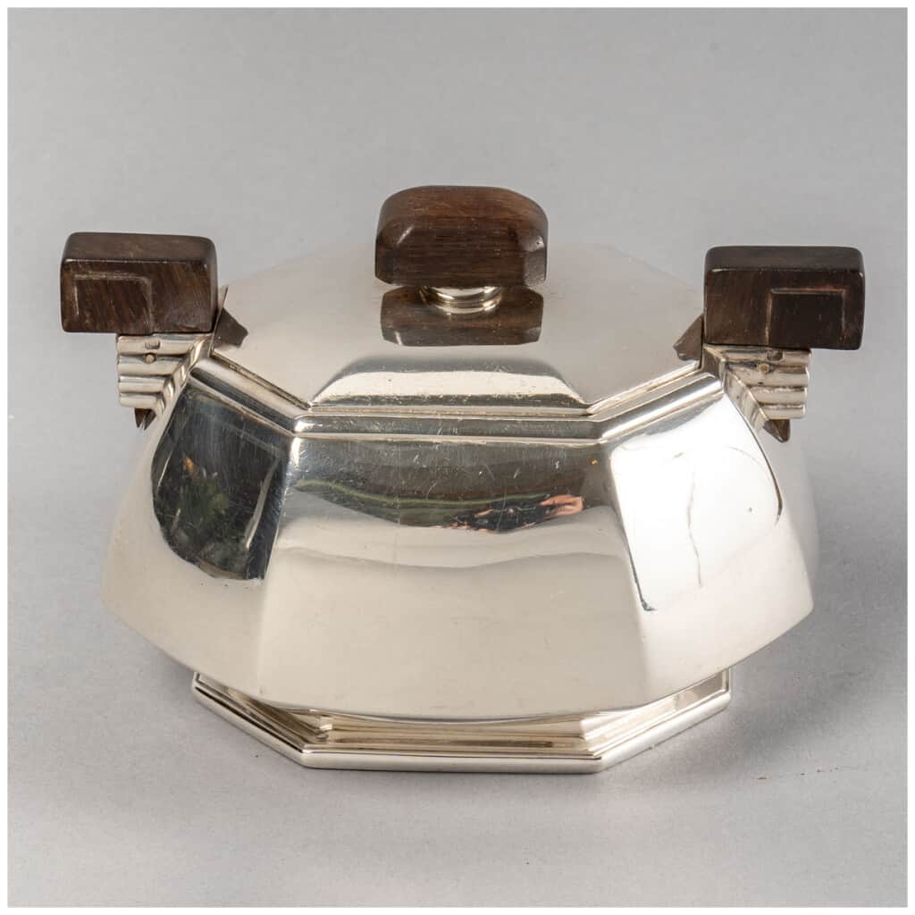 1930 Puiforcat - Tea And Coffee Service With Cut Sides In Sterling Silver And Rosewood 14