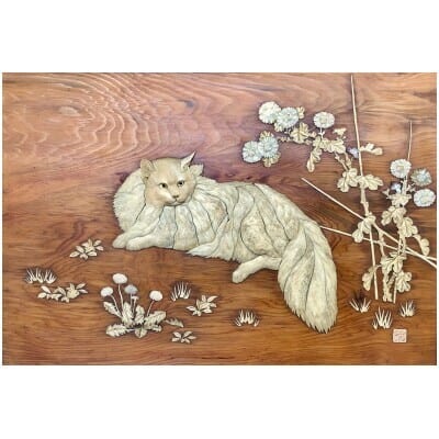 Japan. Framed panel of a Persian cat by Gyokko