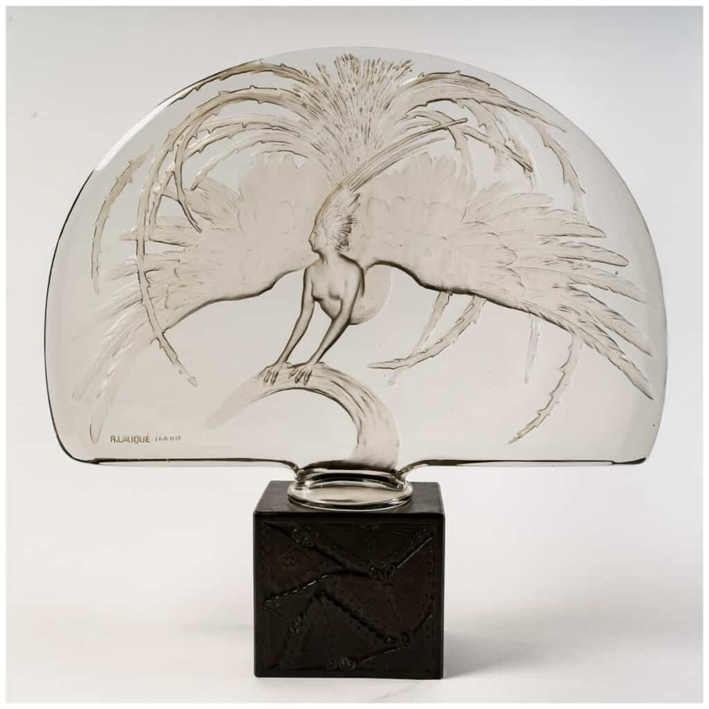 1922 René Lalique – Décoration Surtout De Table Oiseau De Feu Verre Blanc Socle Bronze 3