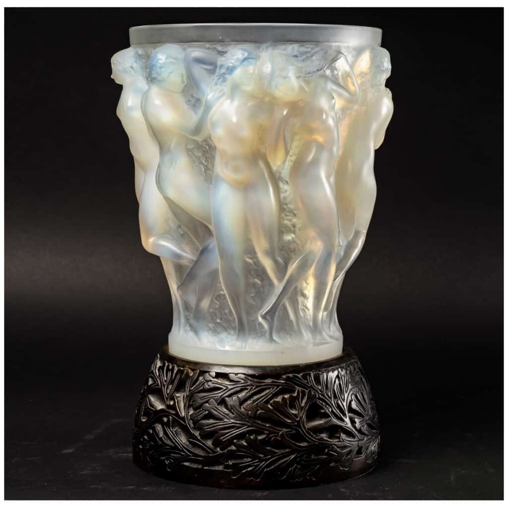 1927 René Lalique – Vase Bacchantes Verre Opalescent Socle En Bronze d’Origine 5
