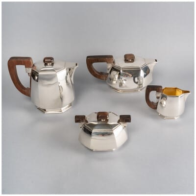 1930 Puiforcat - Tea And Coffee Service With Cut Sides In Sterling Silver And Rosewood 3