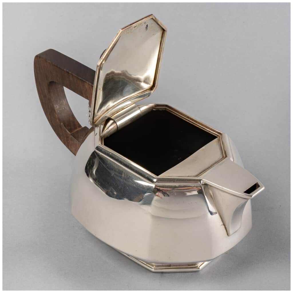 1930 Puiforcat - Tea And Coffee Service With Cut Sides In Sterling Silver And Rosewood 11