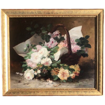 CAUCHOIX Eugène Bouquet de roses dans un panier huile sur toile signée