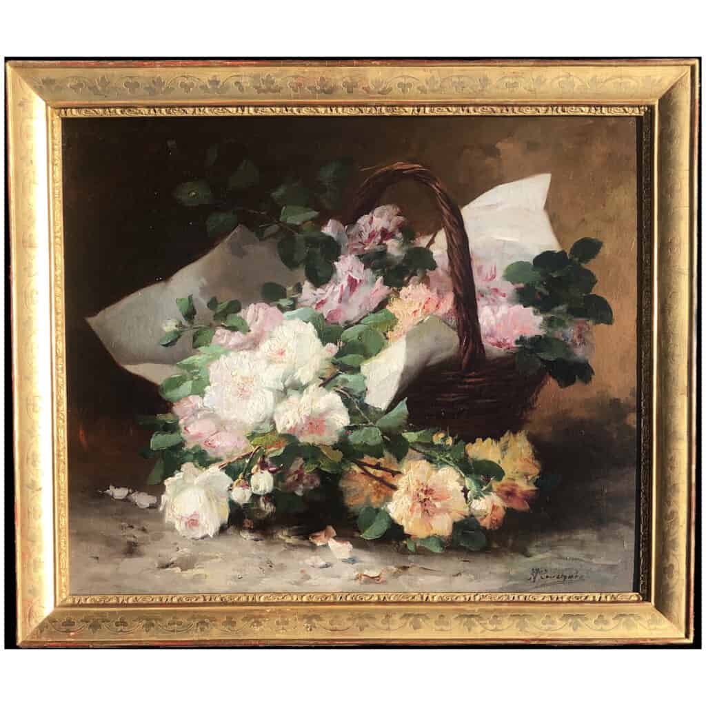 CAUCHOIX Eugène Bouquet de roses dans un panier huile sur toile signée 5