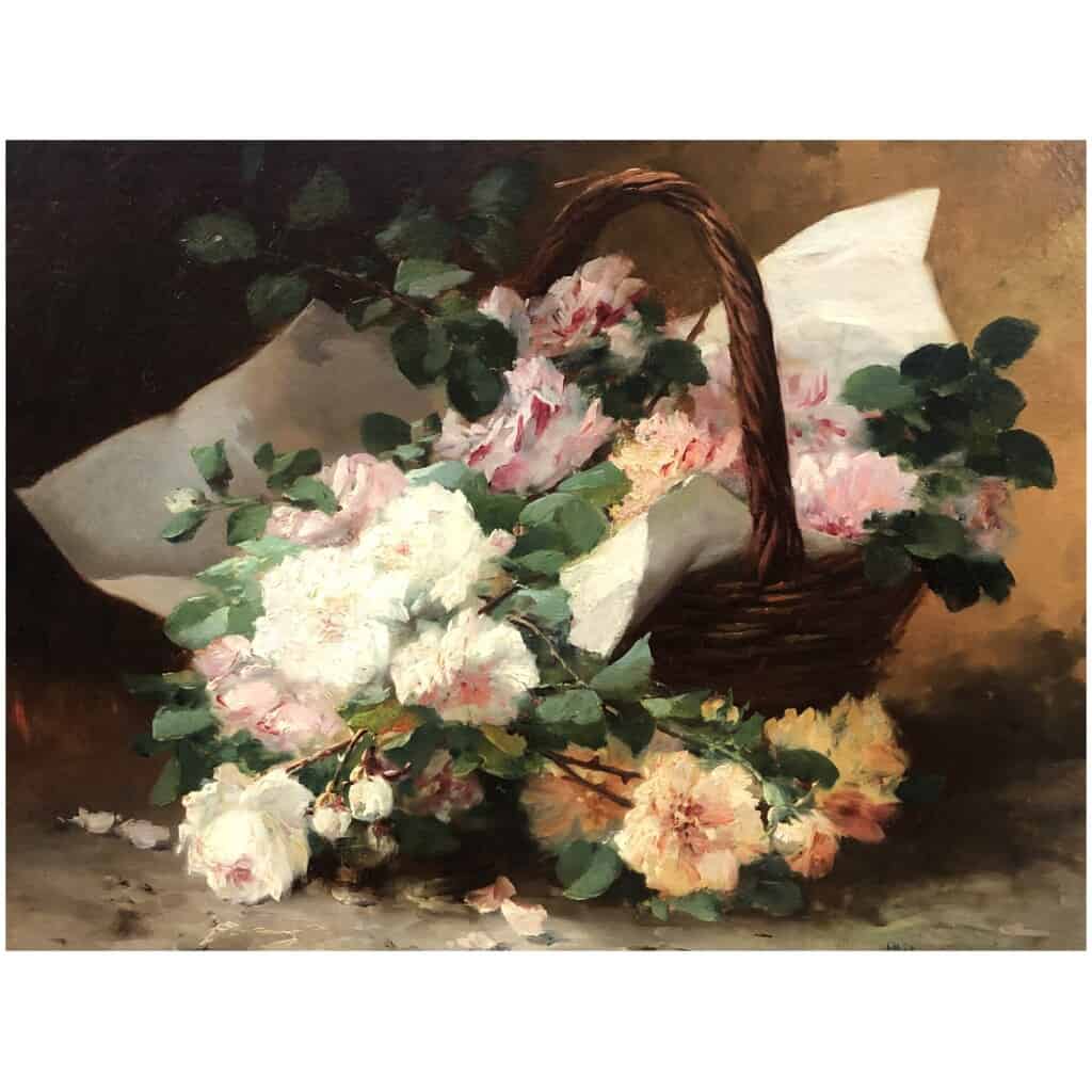 CAUCHOIX Eugène Bouquet de roses dans un panier huile sur toile signée 7