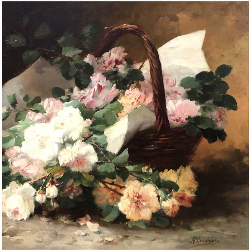 CAUCHOIX Eugène Bouquet de roses dans un panier huile sur toile signée 9