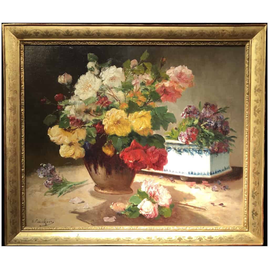 CAUCHOIX Eugène Bouquet of roses and its planter oil on canvas signed 10