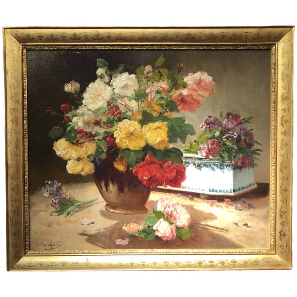 CAUCHOIX Eugène Bouquet of roses and its planter oil on canvas signed 3