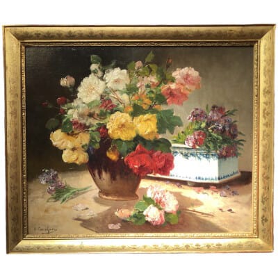 CAUCHOIX Eugène Bouquet de roses et sa jardinière huile sur toile signée