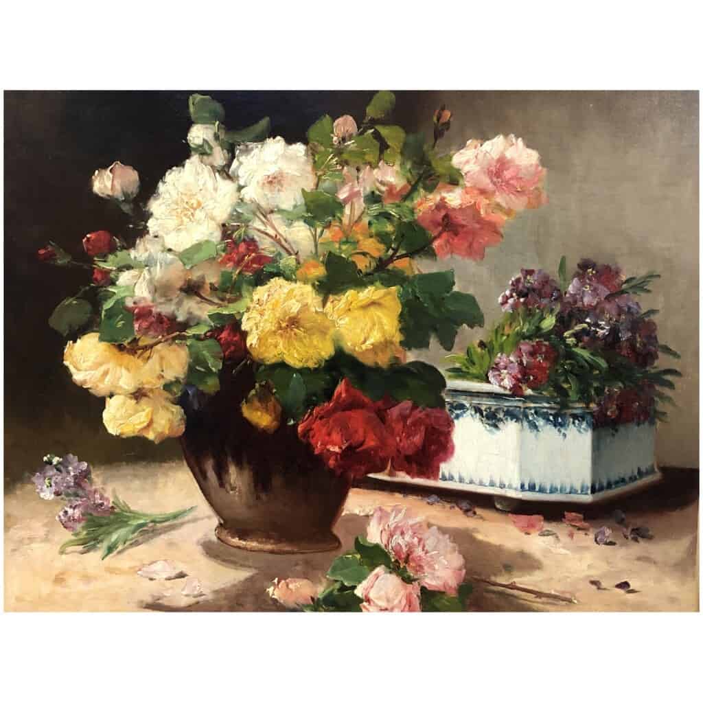 CAUCHOIX Eugène Bouquet de roses et sa jardinière huile sur toile signée 7