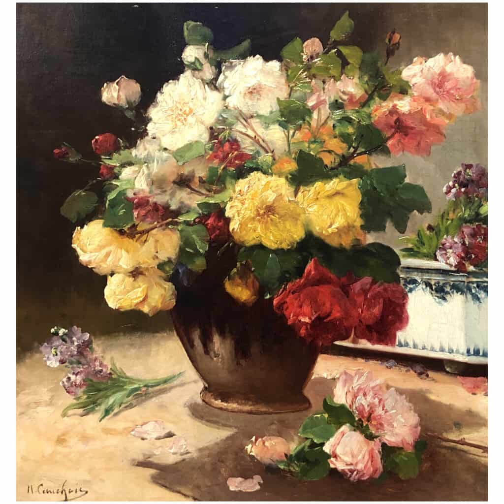 CAUCHOIX Eugène Bouquet de roses et sa jardinière huile sur toile signée 6