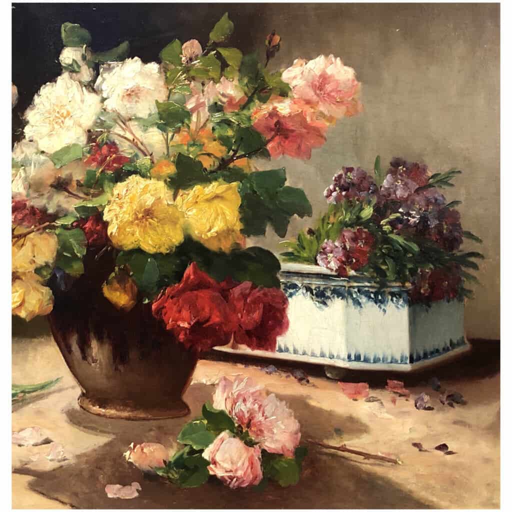 CAUCHOIX Eugène Bouquet de roses et sa jardinière huile sur toile signée 5