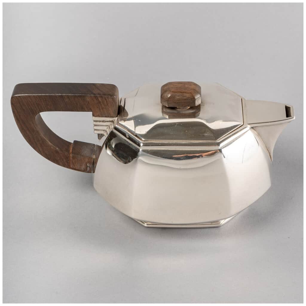 1930 Puiforcat - Tea And Coffee Service With Cut Sides In Sterling Silver And Rosewood 9