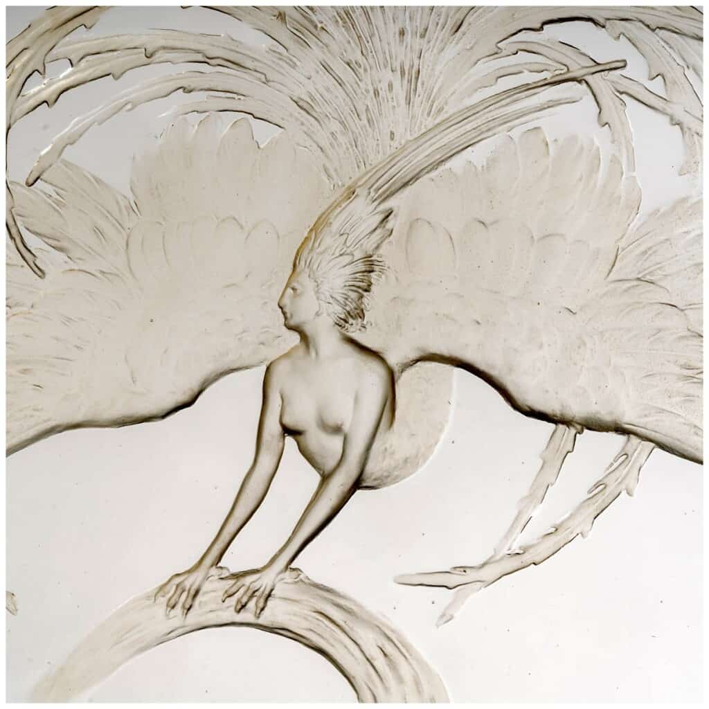 1922 René Lalique – Décoration Surtout De Table Oiseau De Feu Verre Blanc Socle Bronze 5