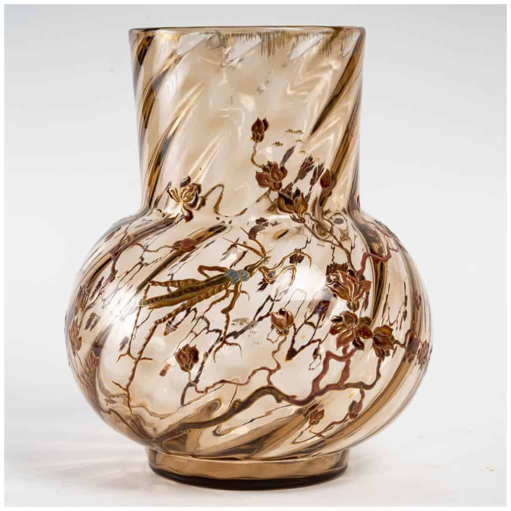 Emile Gallé – Vase Cristallerie Verre Fumé Boule Godronné Mante Religieuse 3
