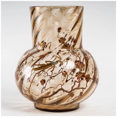 Emile Gallé – Vase Cristallerie Verre Fumé Boule Godronné Mante Religieuse