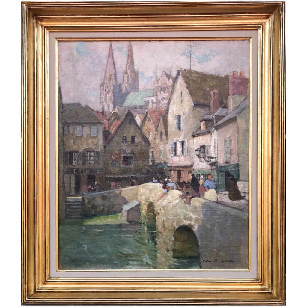 HERVE Jules 20th century painting The Boujou bridge and Chartres Cathedral Oil on canvas signed 5