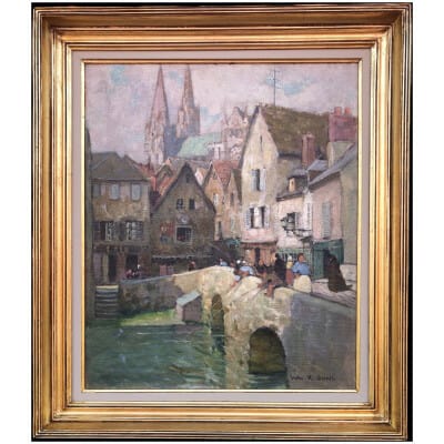 HERVE Jules 20th century painting The Boujou bridge and Chartres Cathedral Oil on canvas signed