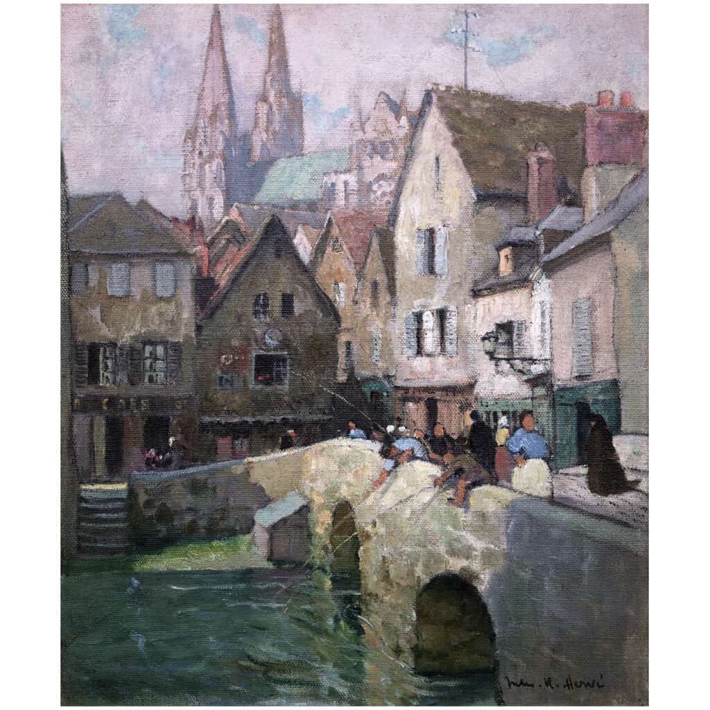 HERVE Jules 20th century painting The Boujou bridge and Chartres Cathedral Oil on canvas signed 11