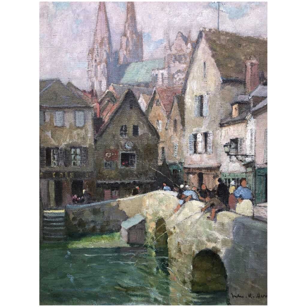 HERVE Jules 20th century painting The Boujou bridge and Chartres Cathedral Oil on canvas signed 10