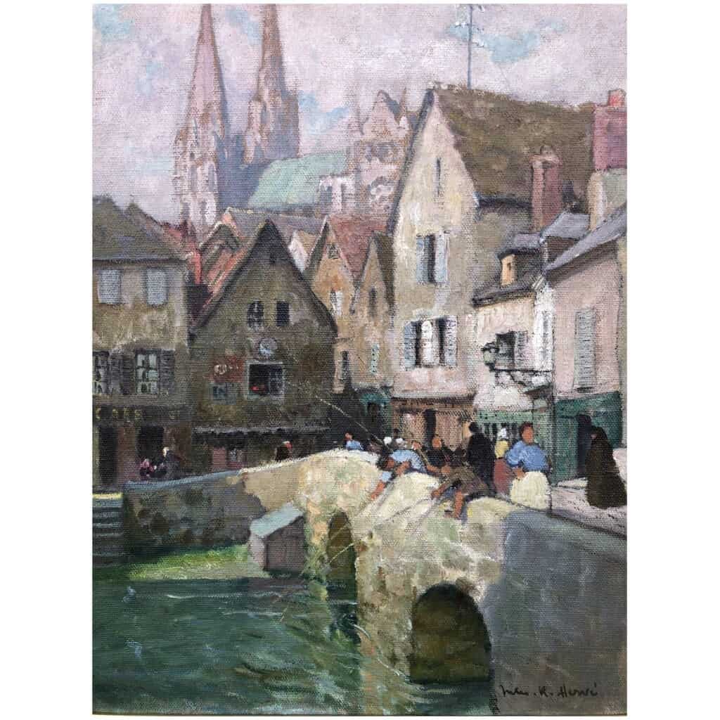 HERVE Jules Tableau 20è siècle Le pont Boujou et la Cathédrale de Chartres Huile sur toile signée 9