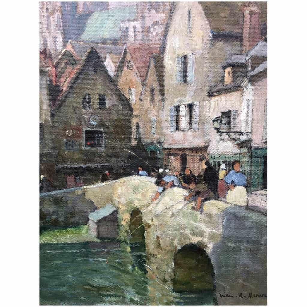 HERVE Jules 20th century painting The Boujou bridge and Chartres Cathedral Oil on canvas signed 8