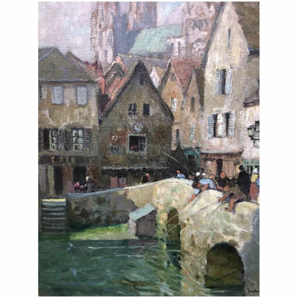 HERVE Jules 20th century painting The Boujou bridge and Chartres Cathedral Oil on canvas signed 7