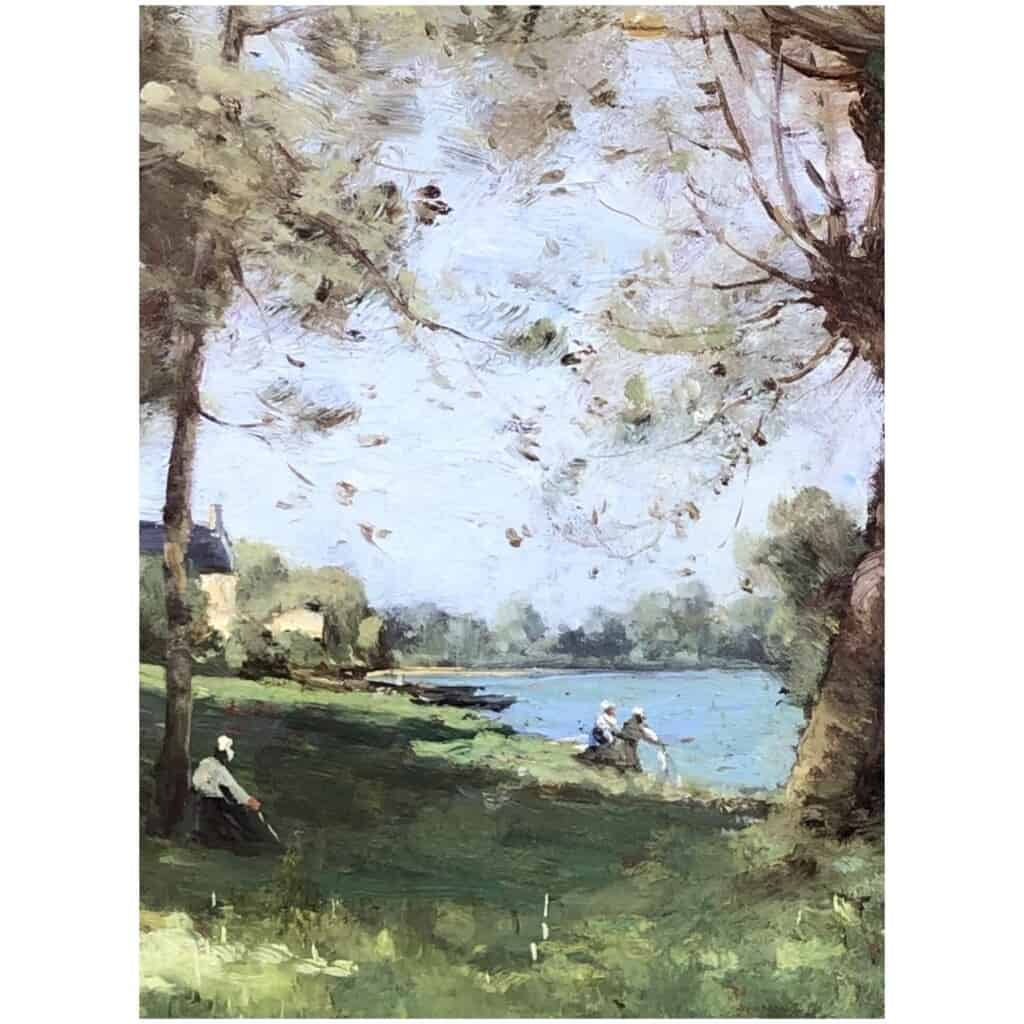 TROUILLEBERT Paul Desire Tableau 19è Ecole De Barbizon Lavandières au bord du fleuve Huile sur Toile signée 7