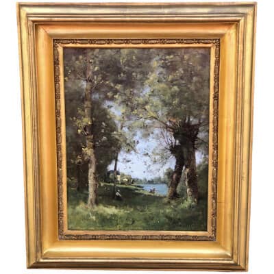 TROUILLEBERT Paul Desire Painting 19th School Of Barbizon Washerwomen By The River Oil On Canvas Signed 3