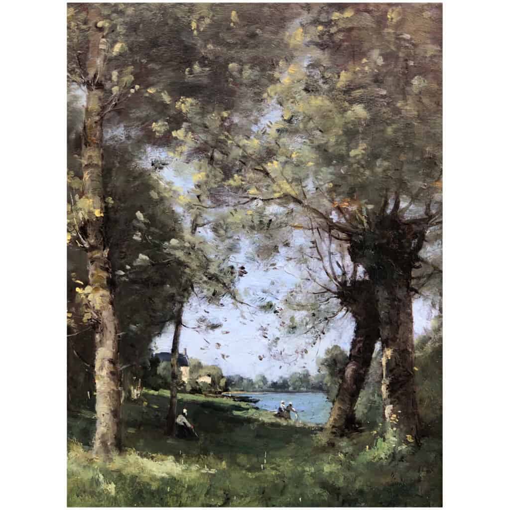 TROUILLEBERT Paul Desire Tableau 19è Ecole De Barbizon Lavandières au bord du fleuve Huile sur Toile signée 14