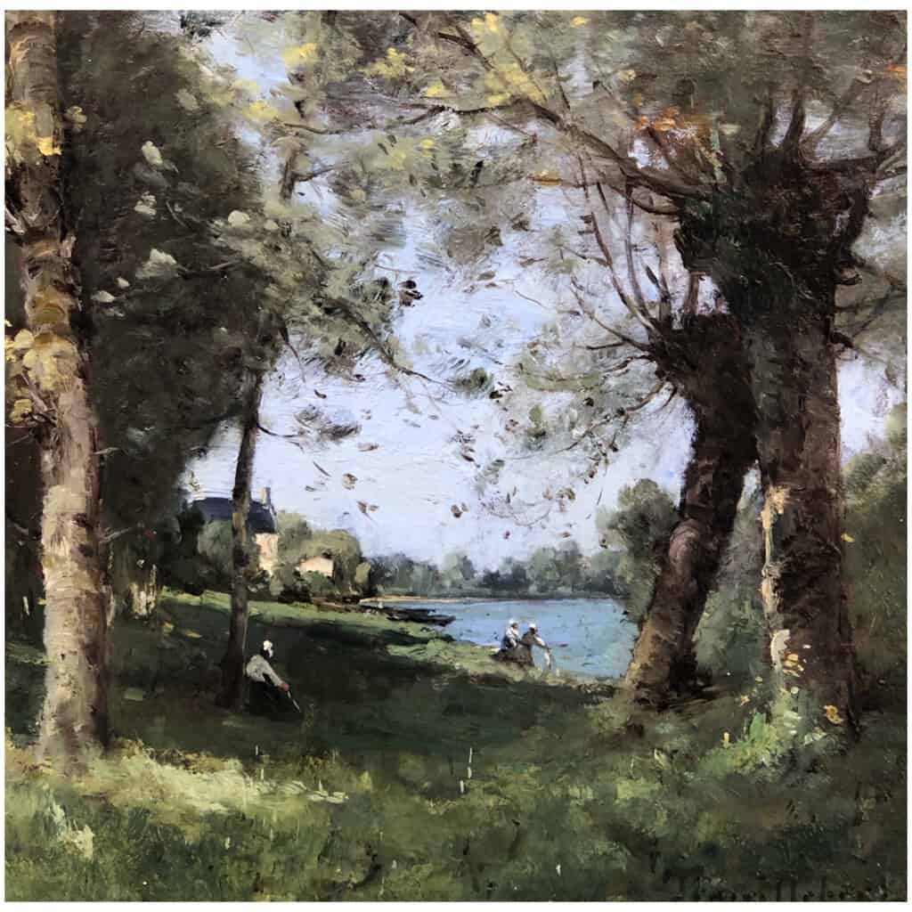 TROUILLEBERT Paul Desire Tableau 19è Ecole De Barbizon Lavandières au bord du fleuve Huile sur Toile signée 13