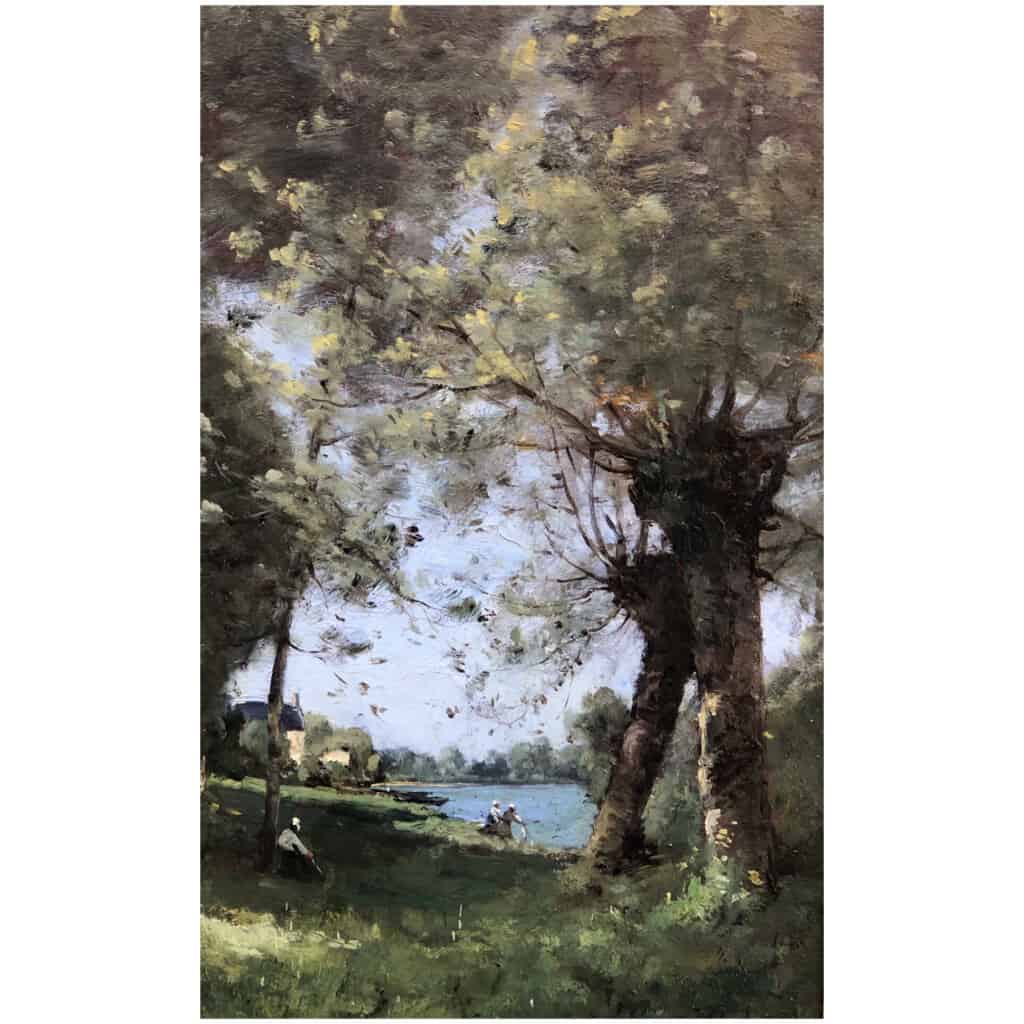 TROUILLEBERT Paul Desire Tableau 19è Ecole De Barbizon Lavandières au bord du fleuve Huile sur Toile signée 12