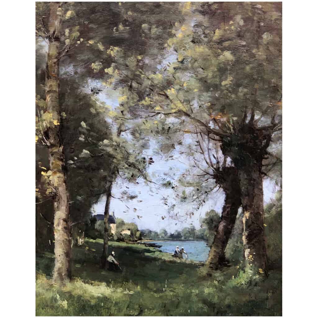 TROUILLEBERT Paul Desire Tableau 19è Ecole De Barbizon Lavandières au bord du fleuve Huile sur Toile signée 9