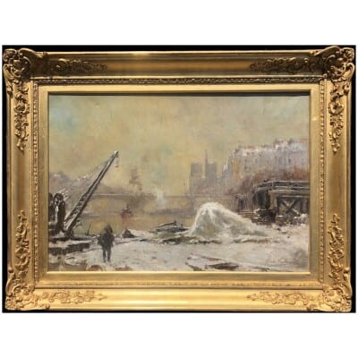 VAUTHIER Stone Painting fine XIXè Paris Notre Dame under the snow Oil on canvas signed 3