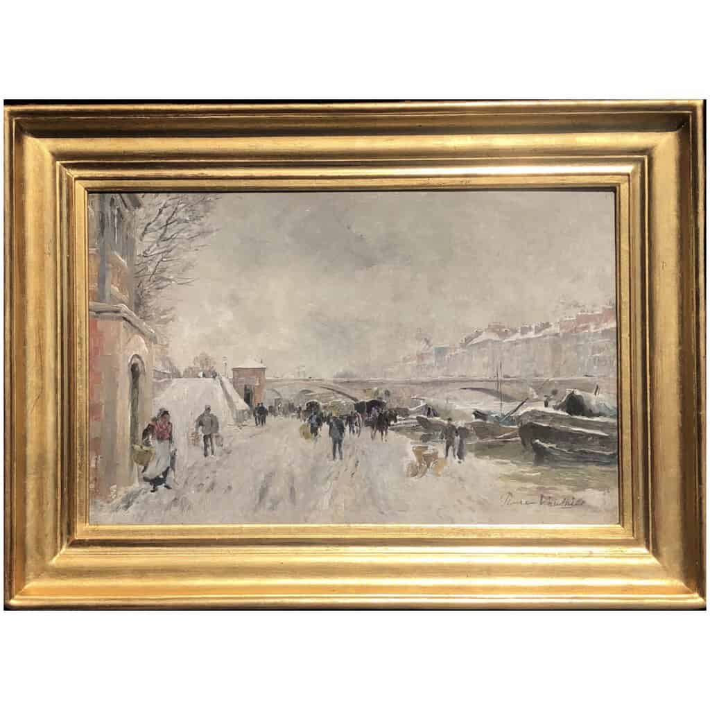 VAUTHIER Pierre Peinture XIXè Paris La Seine le Pont Marie en hiver Huile sur panneau signée 3