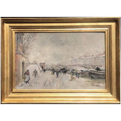 VAUTHIER Pierre Peinture XIXè Paris La Seine le Pont Marie en hiver Huile sur panneau signée