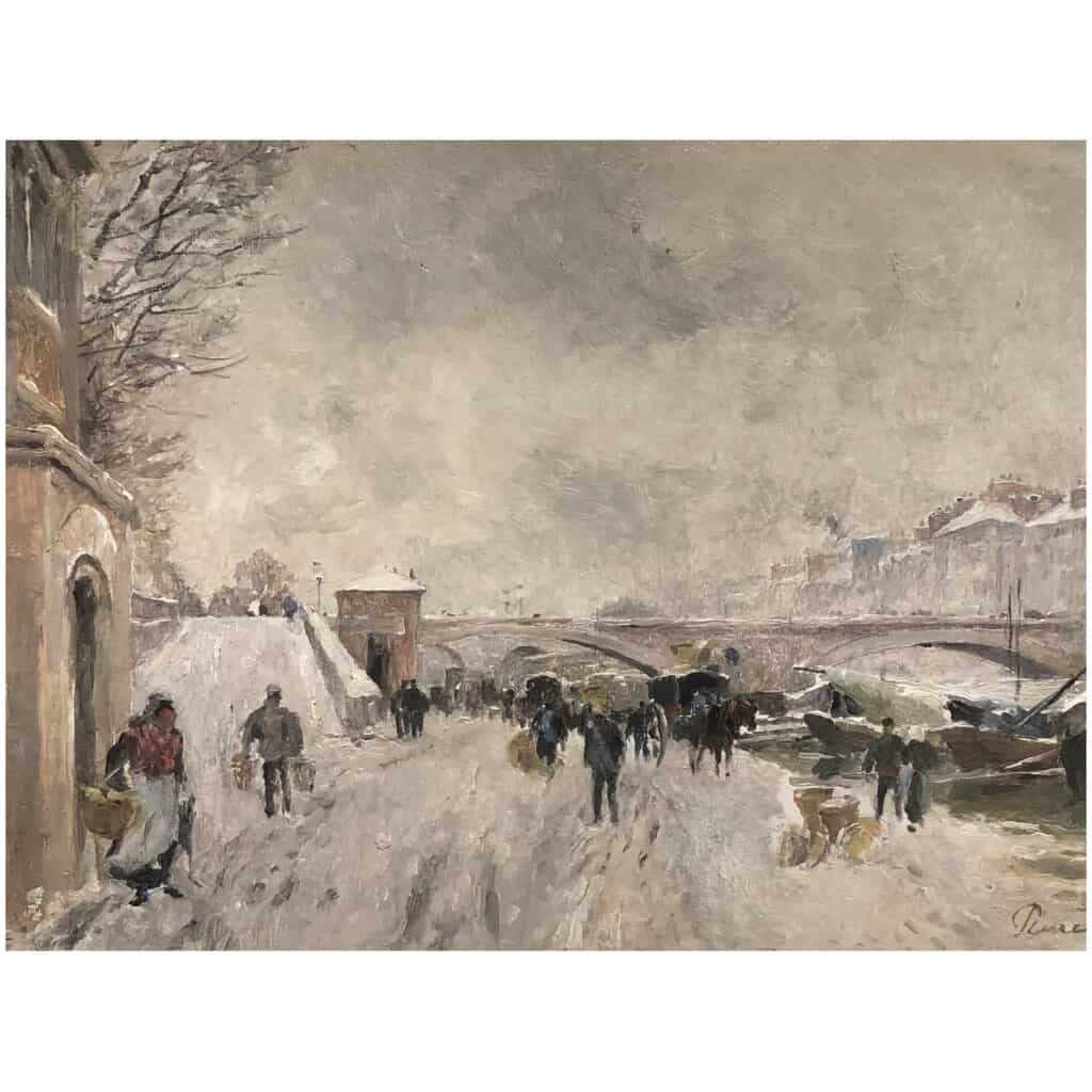 VAUTHIER Pierre Peinture XIXè Paris La Seine le Pont Marie en hiver Huile sur panneau signée 9