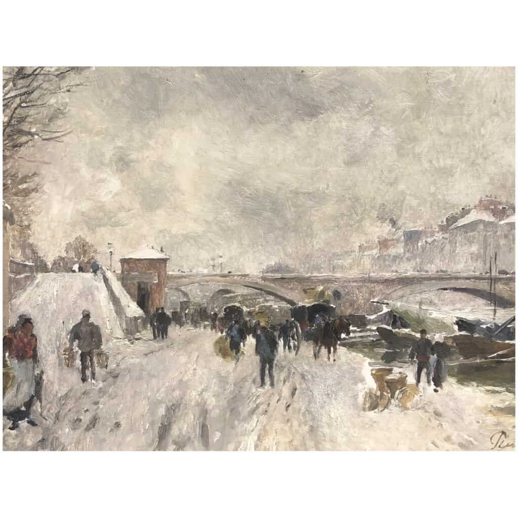 VAUTHIER Pierre Peinture XIXè Paris La Seine le Pont Marie en hiver Huile sur panneau signée 8