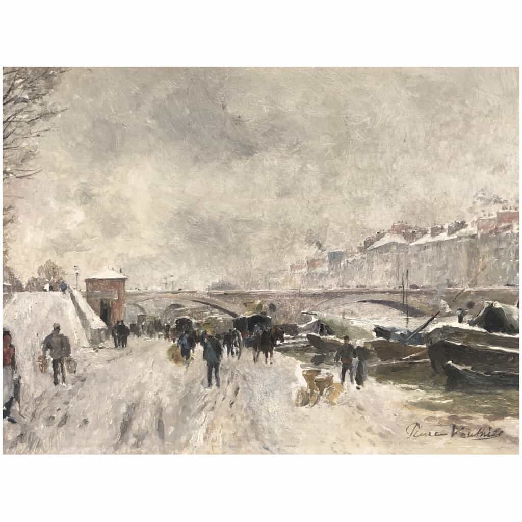 VAUTHIER Pierre Peinture XIXè Paris La Seine le Pont Marie en hiver Huile sur panneau signée 7