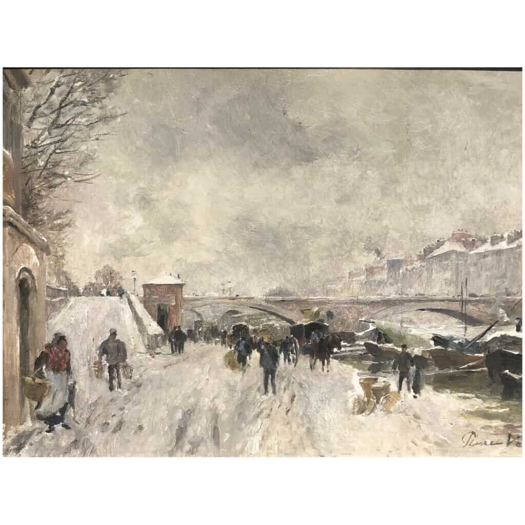 VAUTHIER Pierre Peinture XIXè Paris La Seine le Pont Marie en hiver Huile sur panneau signée 6