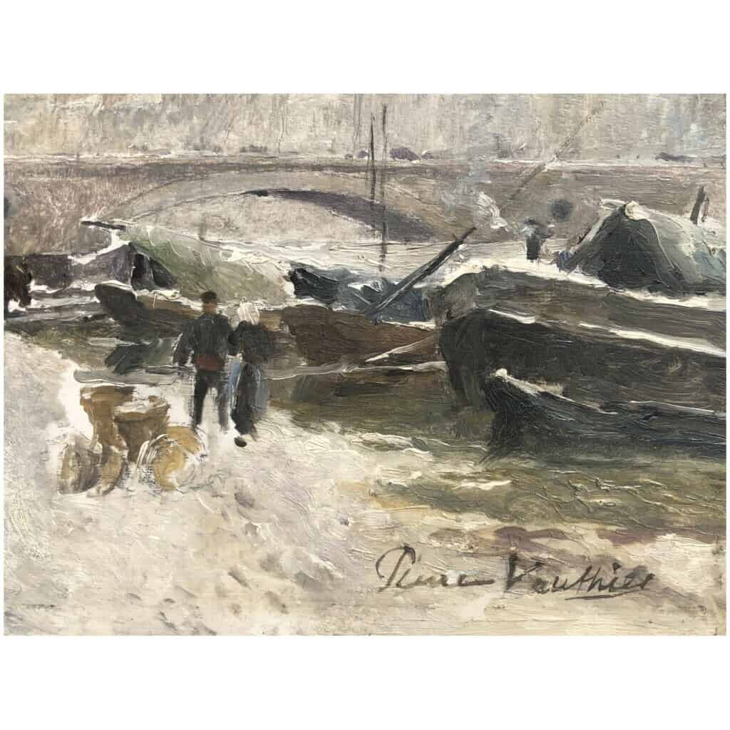 VAUTHIER Pierre Peinture XIXè Paris La Seine le Pont Marie en hiver Huile sur panneau signée 4