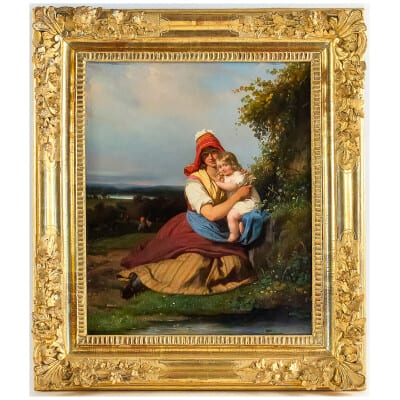 Julien Michel Gué, Femme à l’Enfant huile sur toile époque Romantique vers 1830