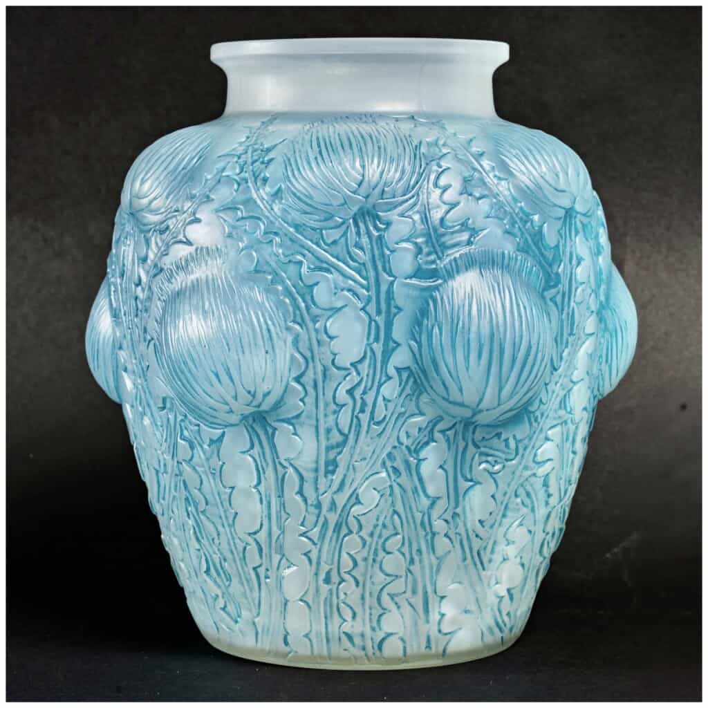 1926 René Lalique – Vase Domrémy Verre Opalescent Double Couche Patiné Bleu 3