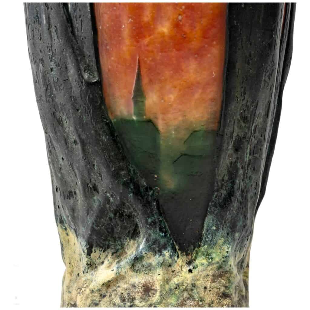 1900-1905 Daum Nancy – Vase Verre Multicouche Dégagé à l’Acide Vert Et Orange 6