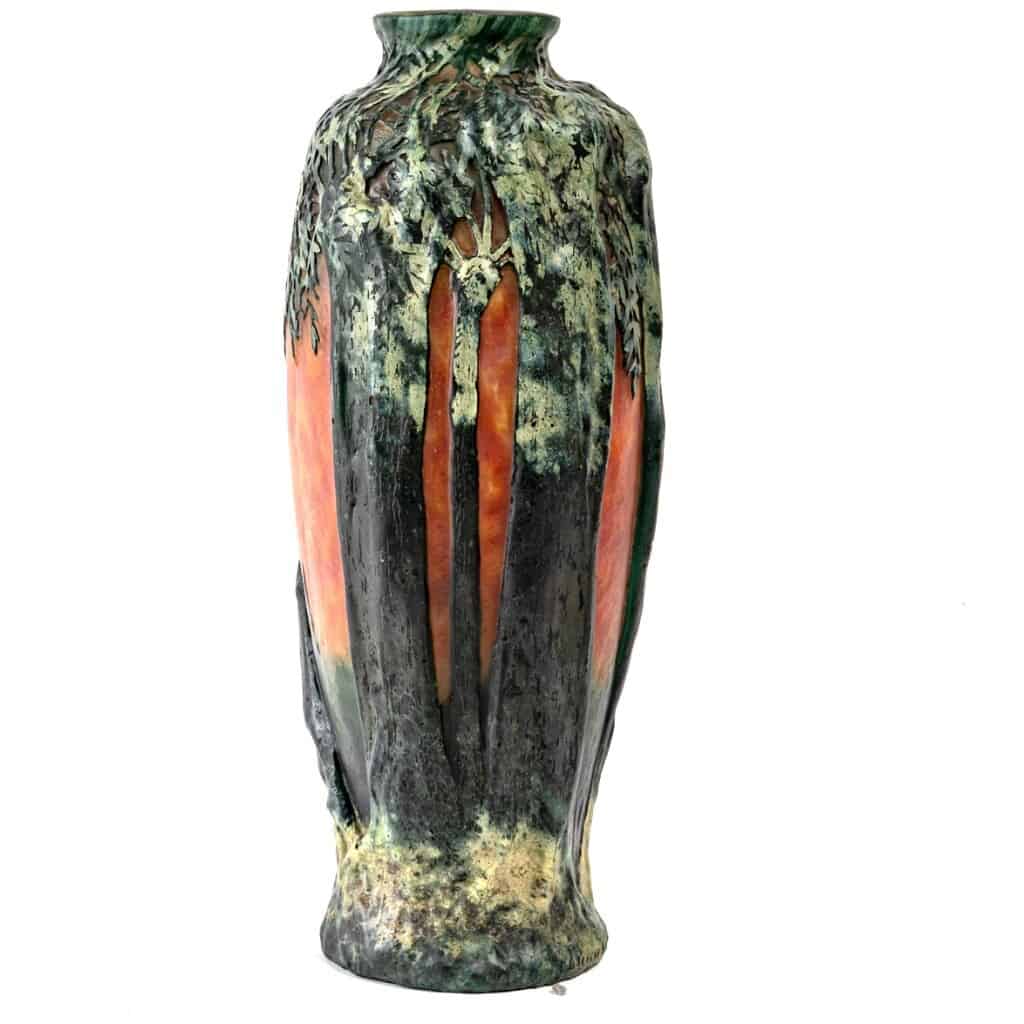 1900-1905 Daum Nancy – Vase Verre Multicouche Dégagé à l’Acide Vert Et Orange 8