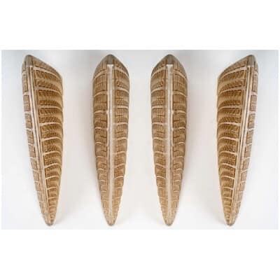 1924 René Lalique – Suite De 4 Appliques Fougères Verre Blanc Patiné Sépia
