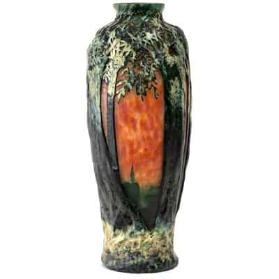 1900-1905 Daum Nancy – Vase Verre Multicouche Dégagé à l’Acide Vert Et Orange