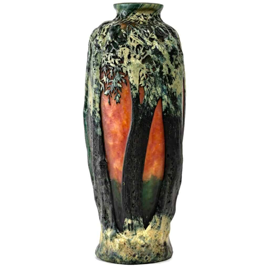 1900-1905 Daum Nancy – Vase Verre Multicouche Dégagé à l’Acide Vert Et Orange 5