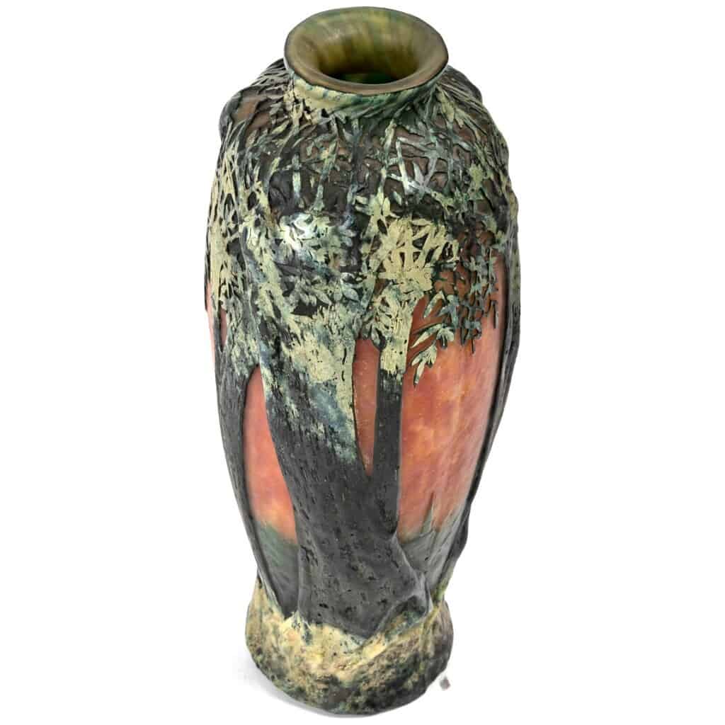 1900-1905 Daum Nancy – Vase Verre Multicouche Dégagé à l’Acide Vert Et Orange 9