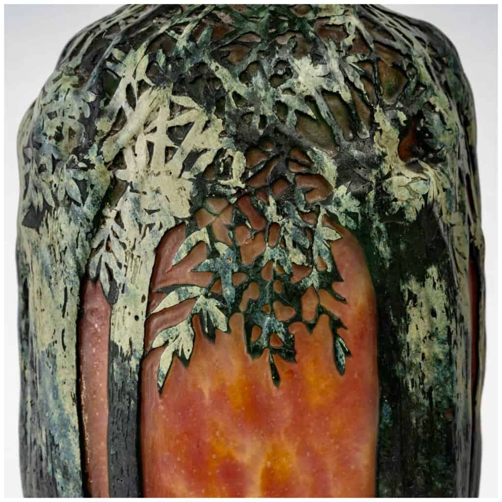 1900-1905 Daum Nancy – Vase Verre Multicouche Dégagé à l’Acide Vert Et Orange 4